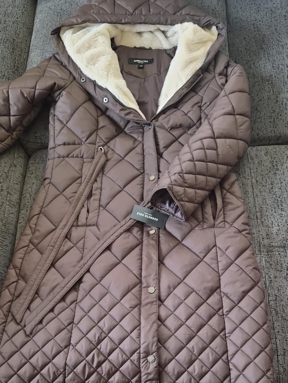 Kenneth Cole Quilted Hooded Long Puffer Coat in Brown with Cream Faux-Fur Lining